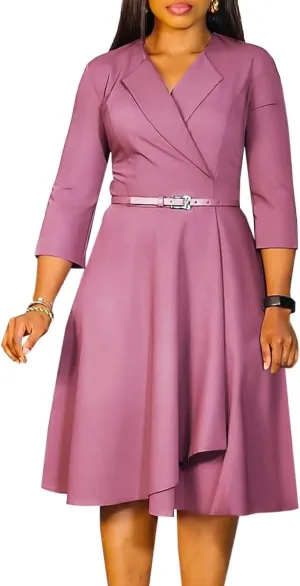Elainone Women 3/4 Sleeve Casual Swing Flared A Line Dress Wedding Guest Semi Formal Office Work Dresses with Belt