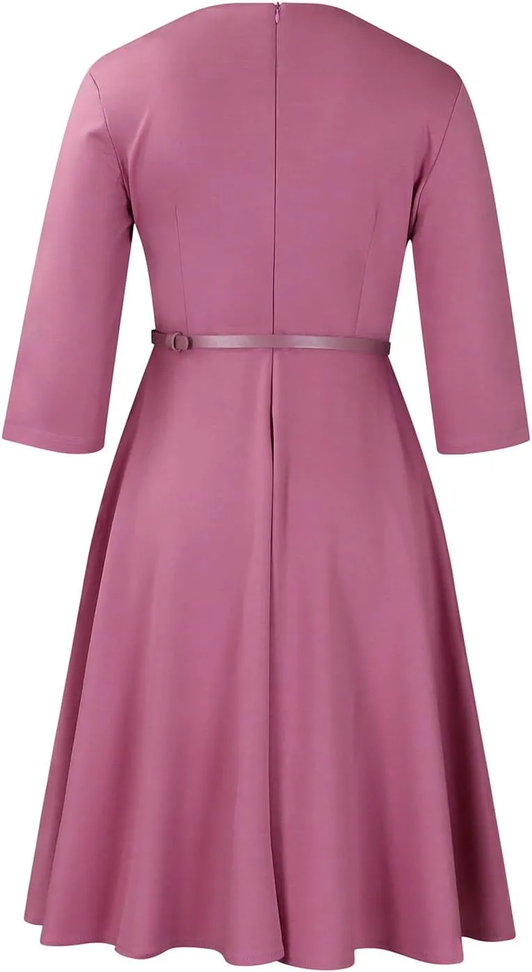 Elainone Women 3/4 Sleeve Casual Swing Flared A Line Dress Wedding Guest Semi Formal Office Work Dresses with Belt