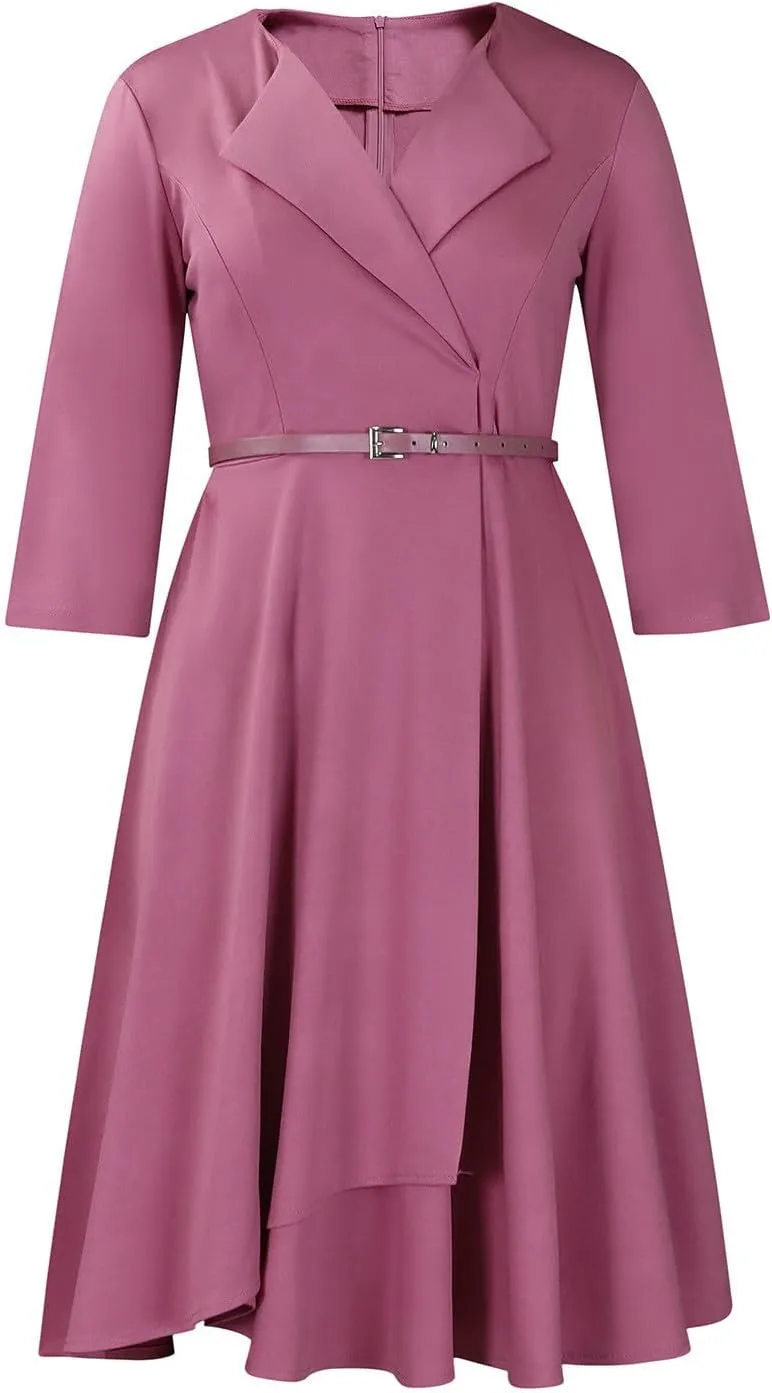 Elainone Women 3/4 Sleeve Casual Swing Flared A Line Dress Wedding Guest Semi Formal Office Work Dresses with Belt