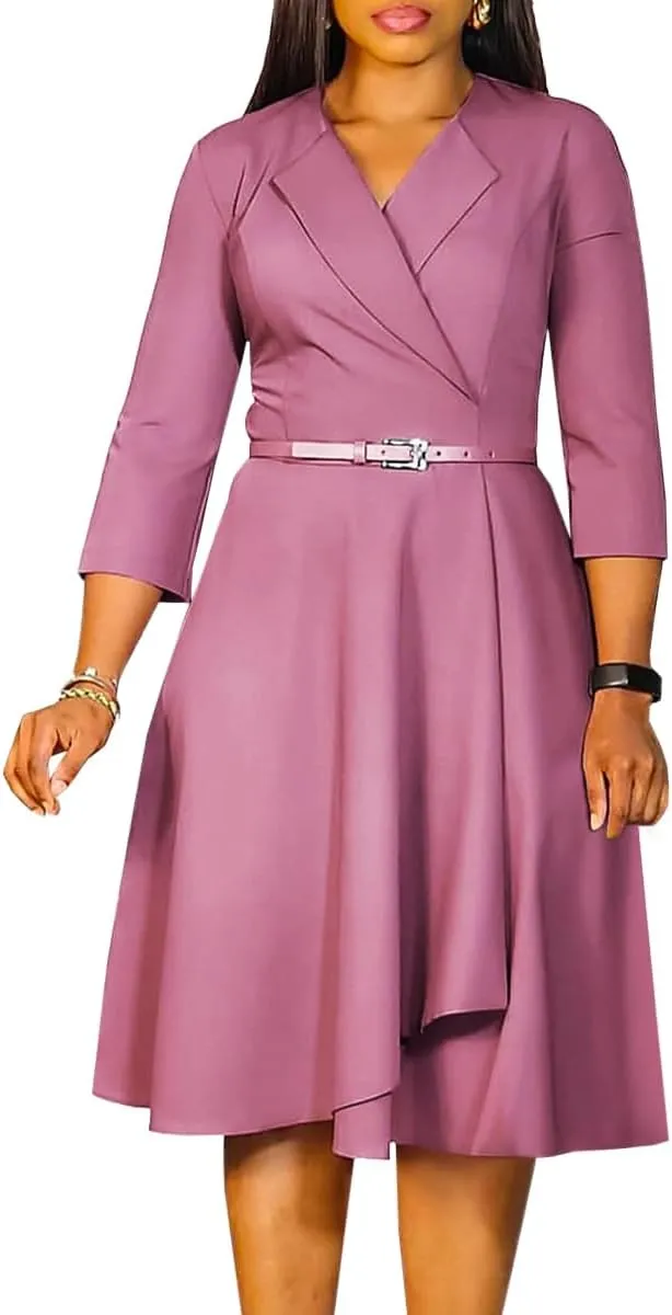 Elainone Women 3/4 Sleeve Casual Swing Flared A Line Dress Wedding Guest Semi Formal Office Work Dresses with Belt