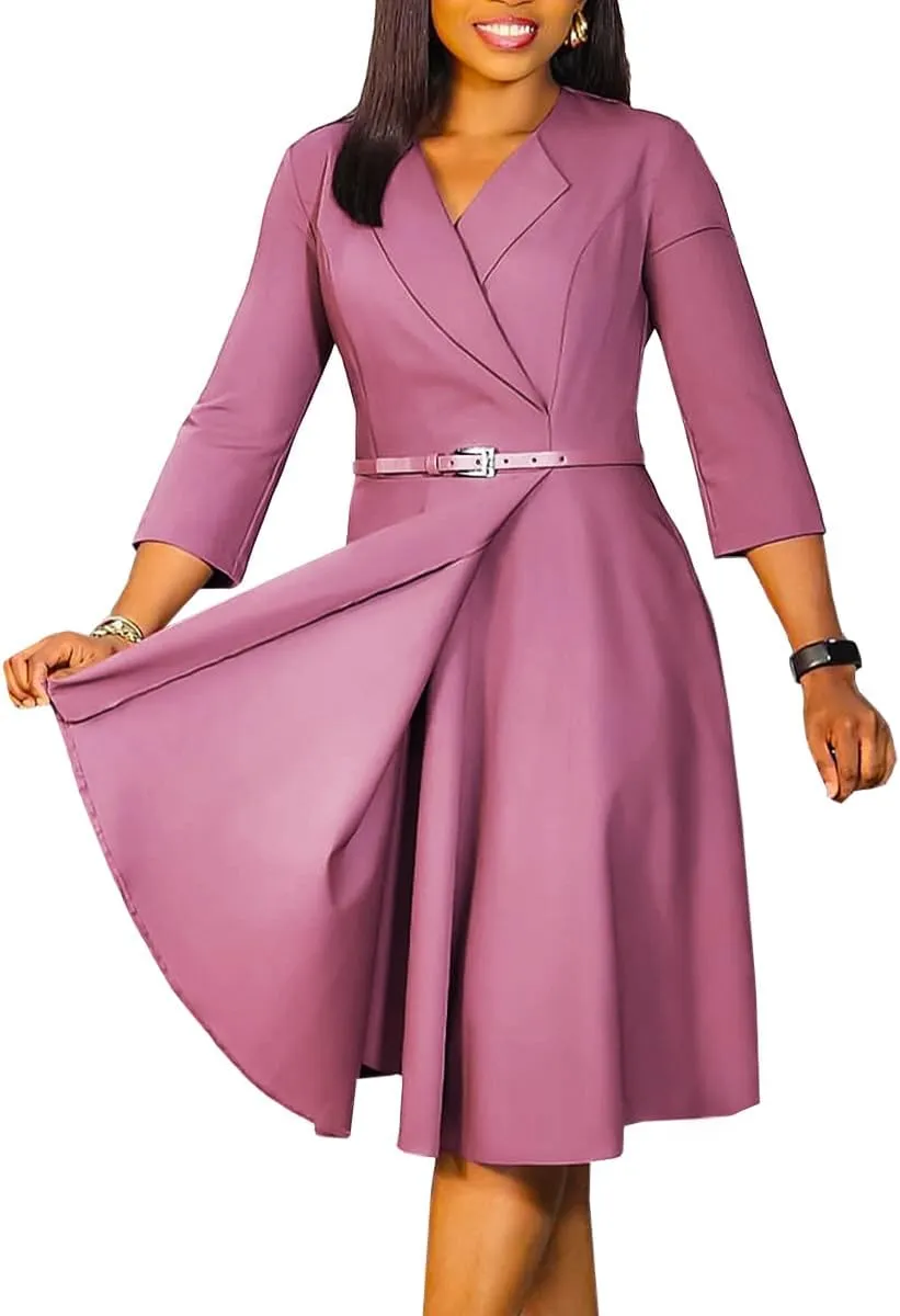 Elainone Women 3/4 Sleeve Casual Swing Flared A Line Dress Wedding Guest Semi Formal Office Work Dresses with Belt