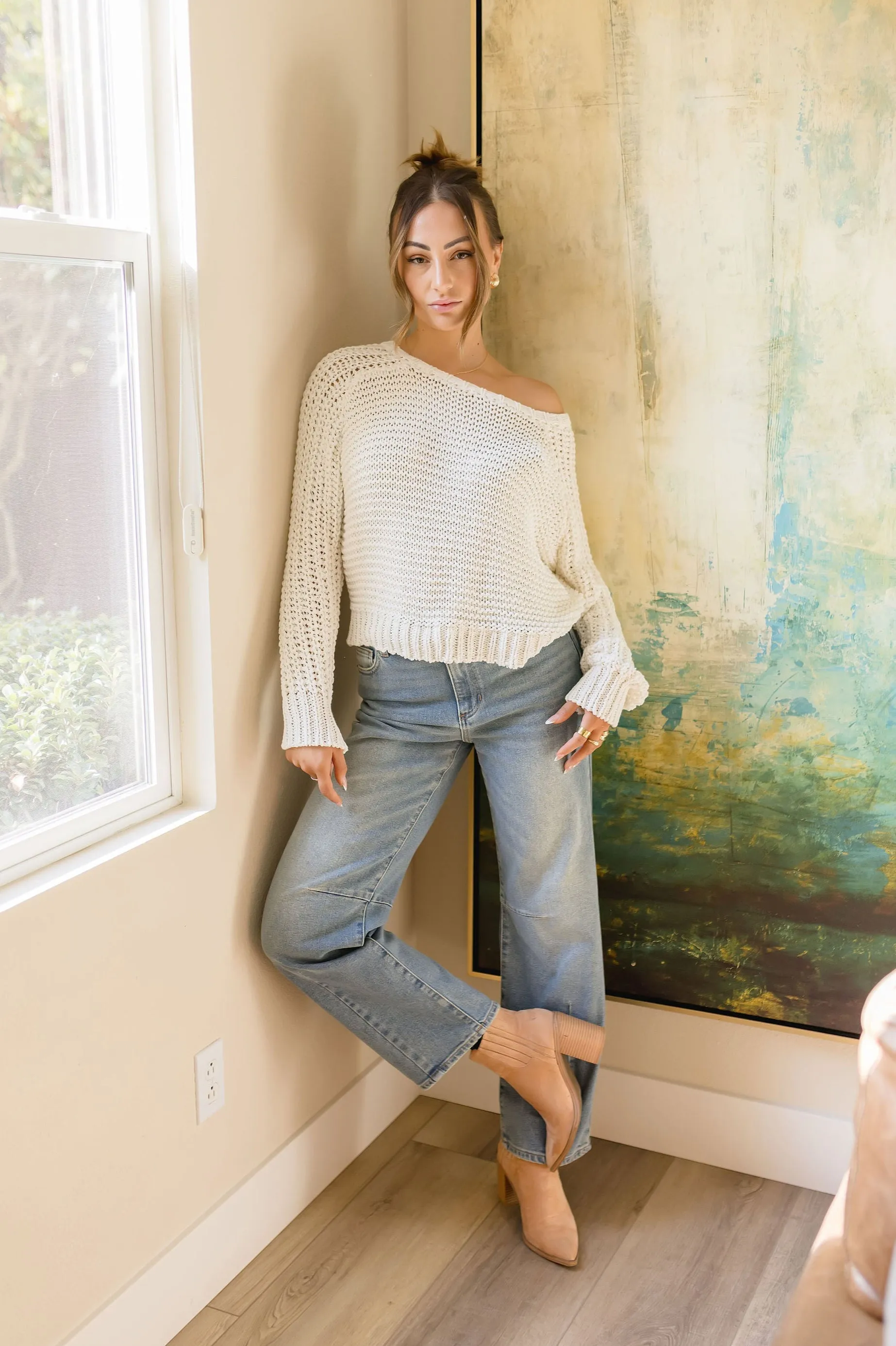 Emma Long Sleeve Crochet Sweater Top White