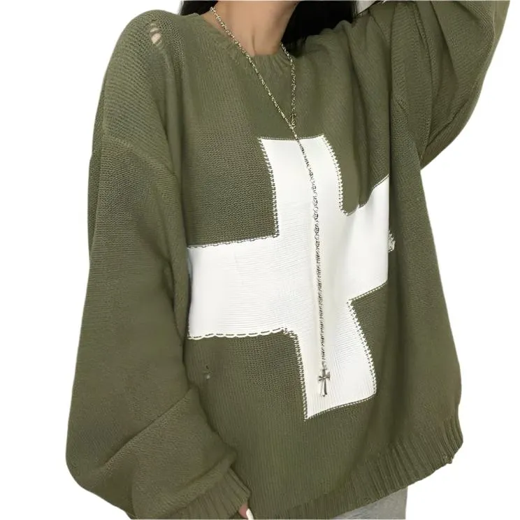 Green Cross Long Sleeve Oversize Knitted Sweater