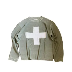 Green Cross Long Sleeve Oversize Knitted Sweater
