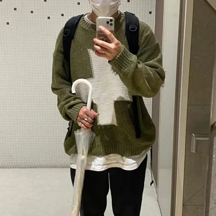 Green Cross Long Sleeve Oversize Knitted Sweater