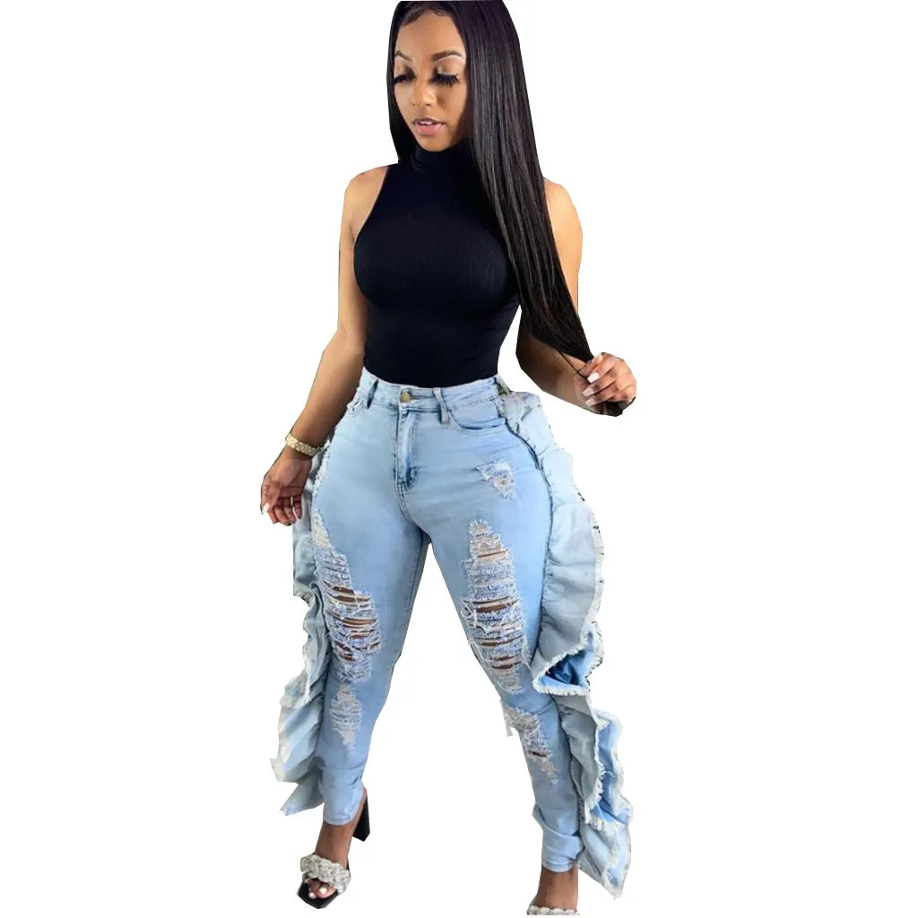 GV Womens' Trending Sexy Jeans Street Ripped Denim Trousers Girl Holes high waist jeans