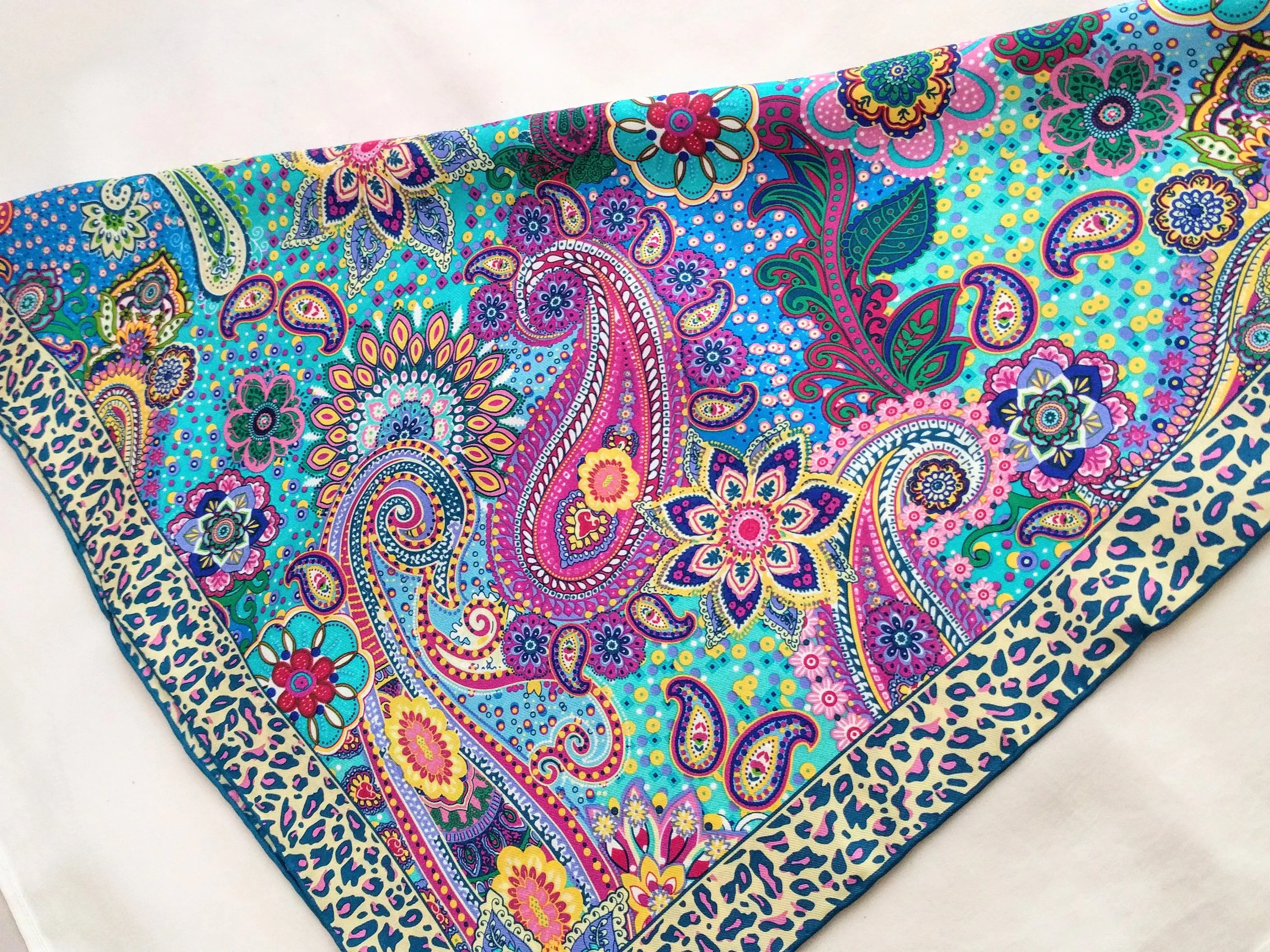 Italian Silk Scarf – Small Multicolored Como Silk Scarf, Made in Italy, Pink, Purple, Blue, 19.5" Square with Rolled Edges