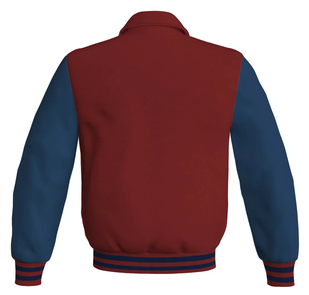 Luxury Bomber Classic Jacket Maroon Body and Navy Blue Leather Sleeves