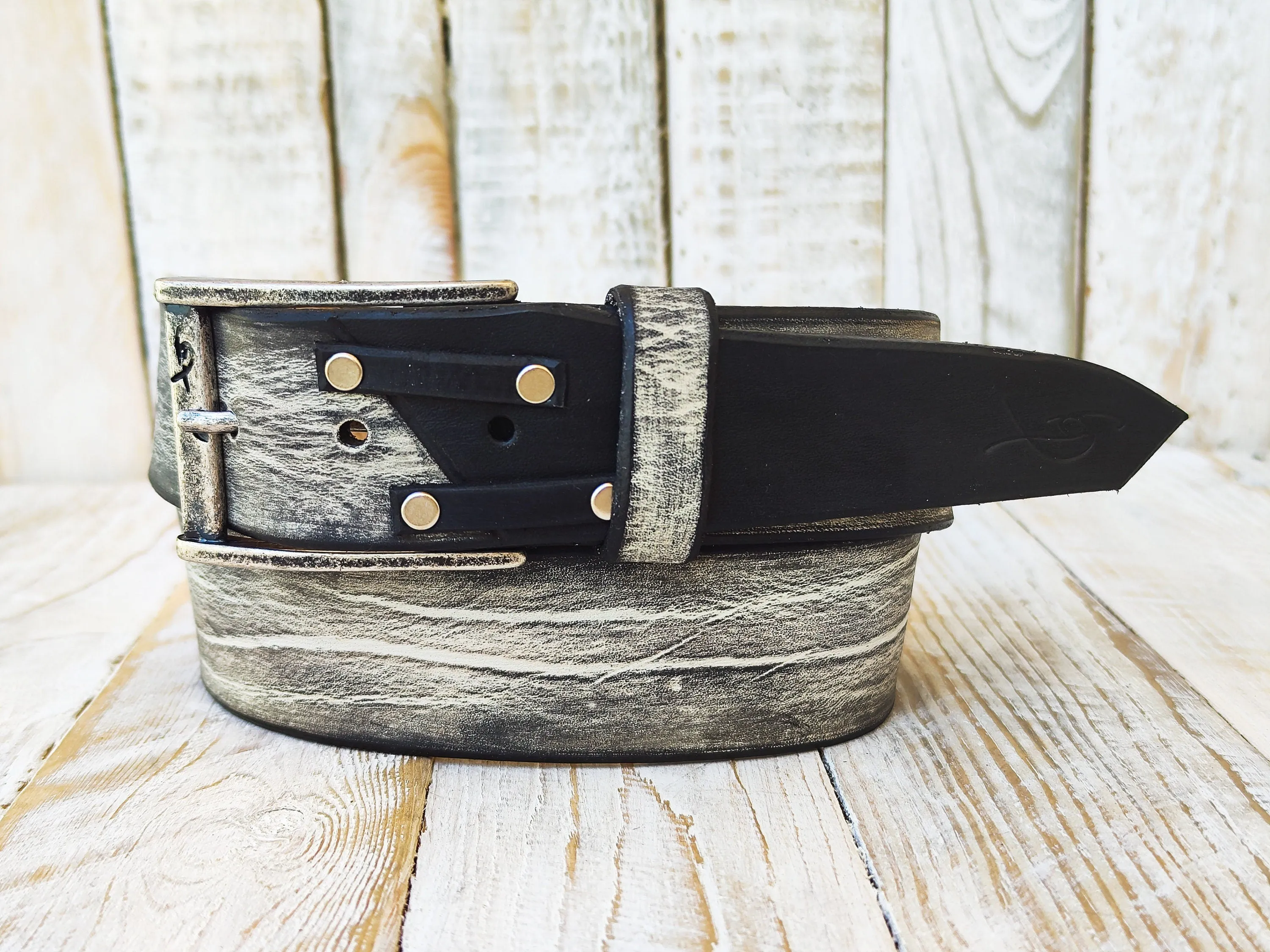 Mens White Leather Belt with Black Wash and Buckle - Unique Rustic Style Handmade Custom Rocker Belt - Perfect Gift