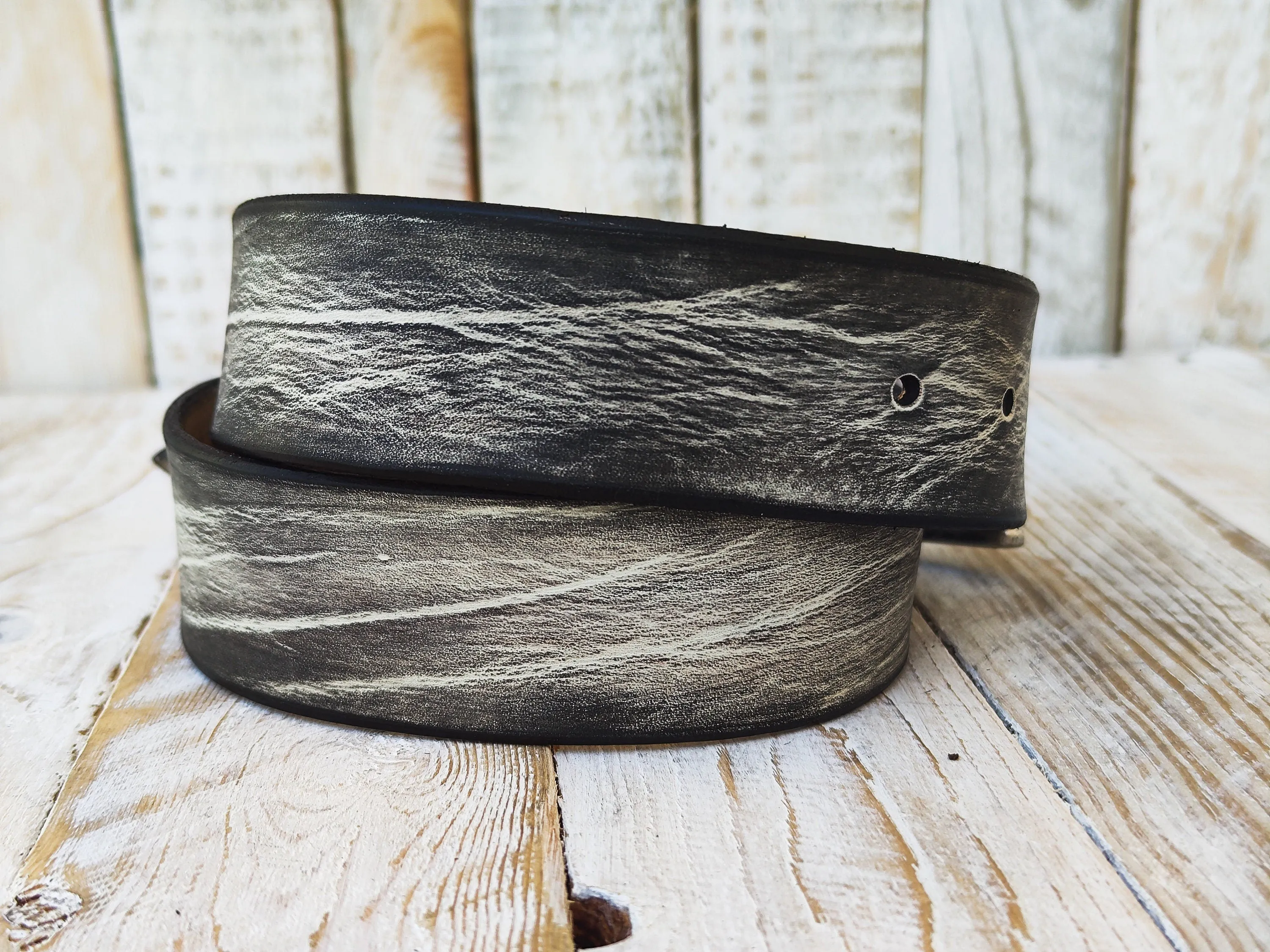 Mens White Leather Belt with Black Wash and Buckle - Unique Rustic Style Handmade Custom Rocker Belt - Perfect Gift