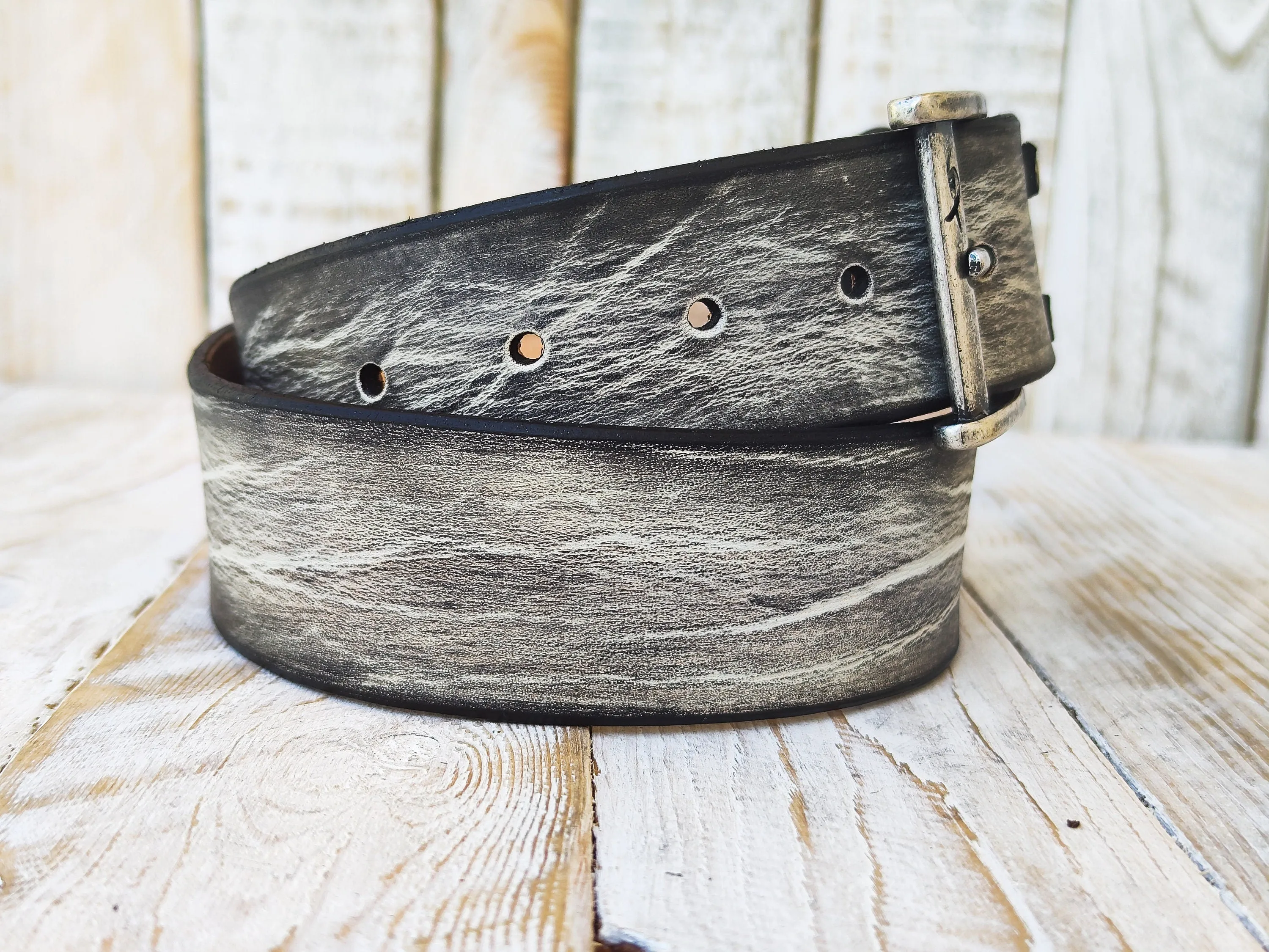 Mens White Leather Belt with Black Wash and Buckle - Unique Rustic Style Handmade Custom Rocker Belt - Perfect Gift