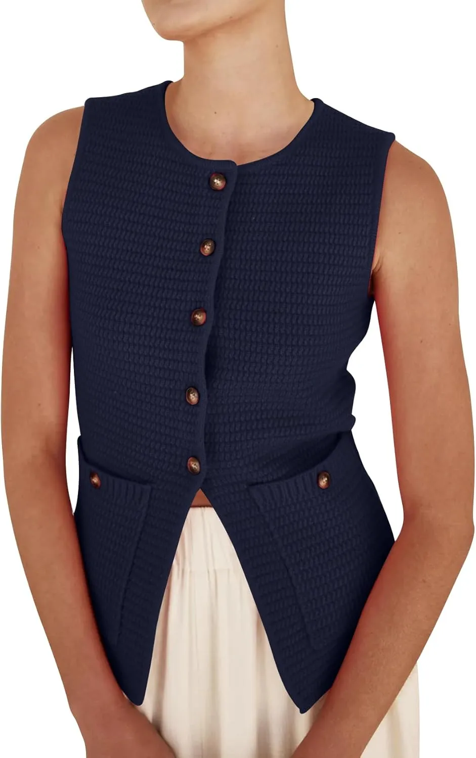 PEHMEA Women's Sweater Vest Sleeveless Button Down Spring Summer Tank Tops Trendy Cardigan Sweater Vests with Pockets