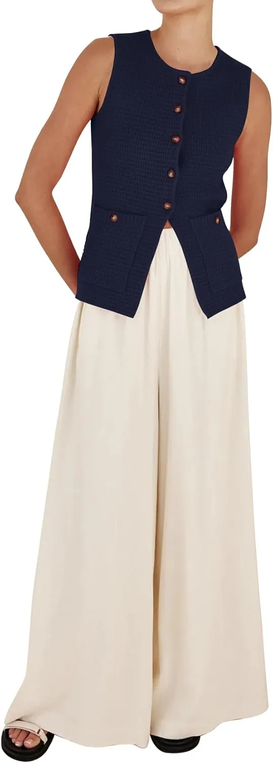 PEHMEA Women's Sweater Vest Sleeveless Button Down Spring Summer Tank Tops Trendy Cardigan Sweater Vests with Pockets