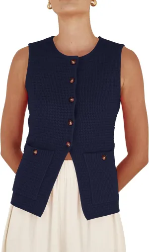 PEHMEA Women's Sweater Vest Sleeveless Button Down Spring Summer Tank Tops Trendy Cardigan Sweater Vests with Pockets