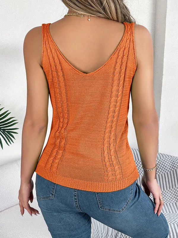 Posie New Casual Solid Color V-Neck Hollow Top Vacation Sweater