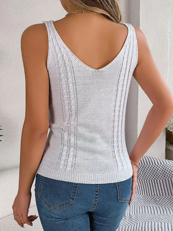 Posie New Casual Solid Color V-Neck Hollow Top Vacation Sweater