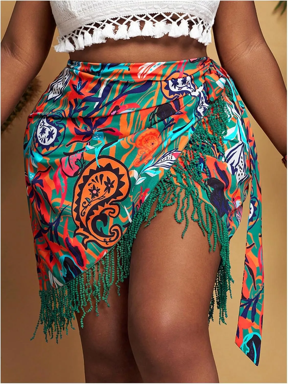 SHENHE Women's Plus Size Fringe Wrap Skirt Paisley Print Tie Side High Waisted Boho Mini Skirts