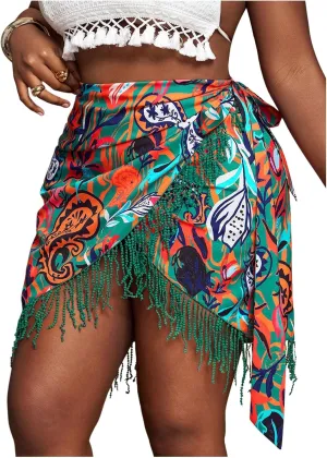 SHENHE Women's Plus Size Fringe Wrap Skirt Paisley Print Tie Side High Waisted Boho Mini Skirts