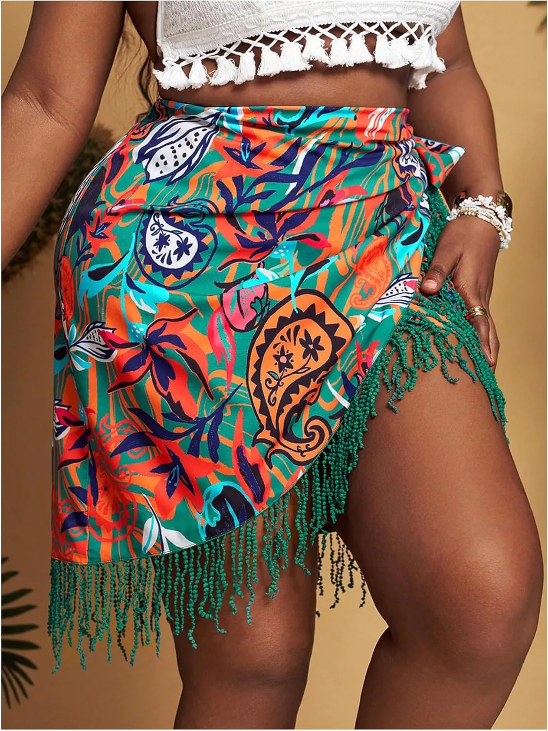 SHENHE Women's Plus Size Fringe Wrap Skirt Paisley Print Tie Side High Waisted Boho Mini Skirts