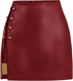 WDIRARA Women's Side Slit Metallic Trim High Waisted Faux Leather Short Skirts