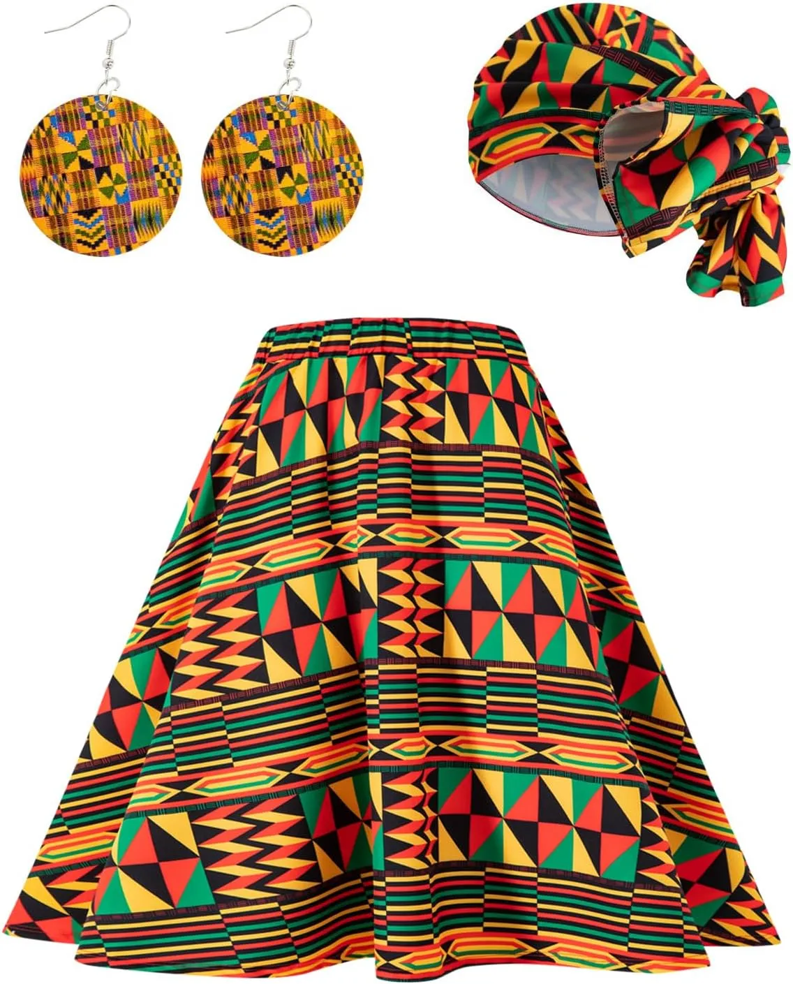 Women African Dashiki Skirt Casual Stretch Head Wrap Scarf Drop Dangle Earrings