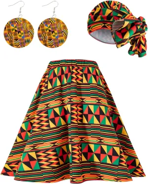 Women African Dashiki Skirt Casual Stretch Head Wrap Scarf Drop Dangle Earrings