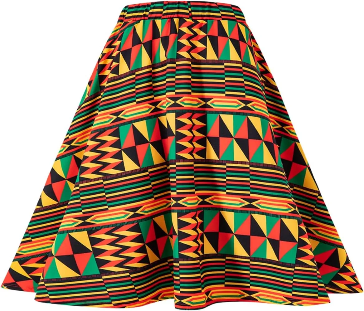 Women African Dashiki Skirt Casual Stretch Head Wrap Scarf Drop Dangle Earrings