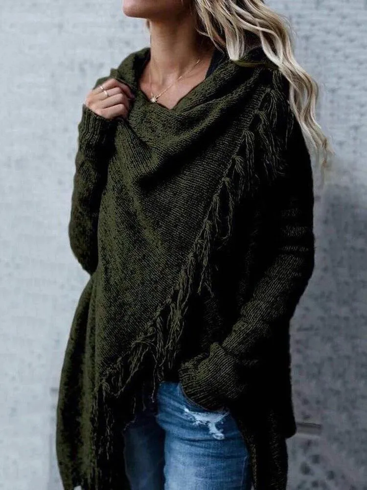 Women's cross wrap tassels long sleeve sweater fashion cowl neck sweater