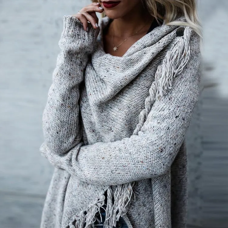 Women's cross wrap tassels long sleeve sweater fashion cowl neck sweater