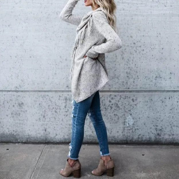 Women's cross wrap tassels long sleeve sweater fashion cowl neck sweater