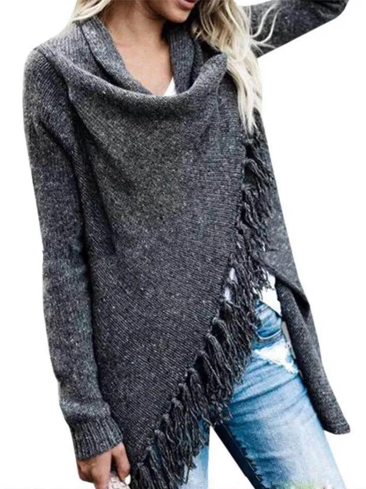 Women's cross wrap tassels long sleeve sweater fashion cowl neck sweater