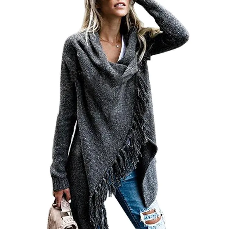Women's cross wrap tassels long sleeve sweater fashion cowl neck sweater