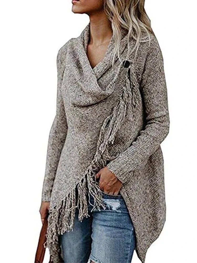 Women's cross wrap tassels long sleeve sweater fashion cowl neck sweater